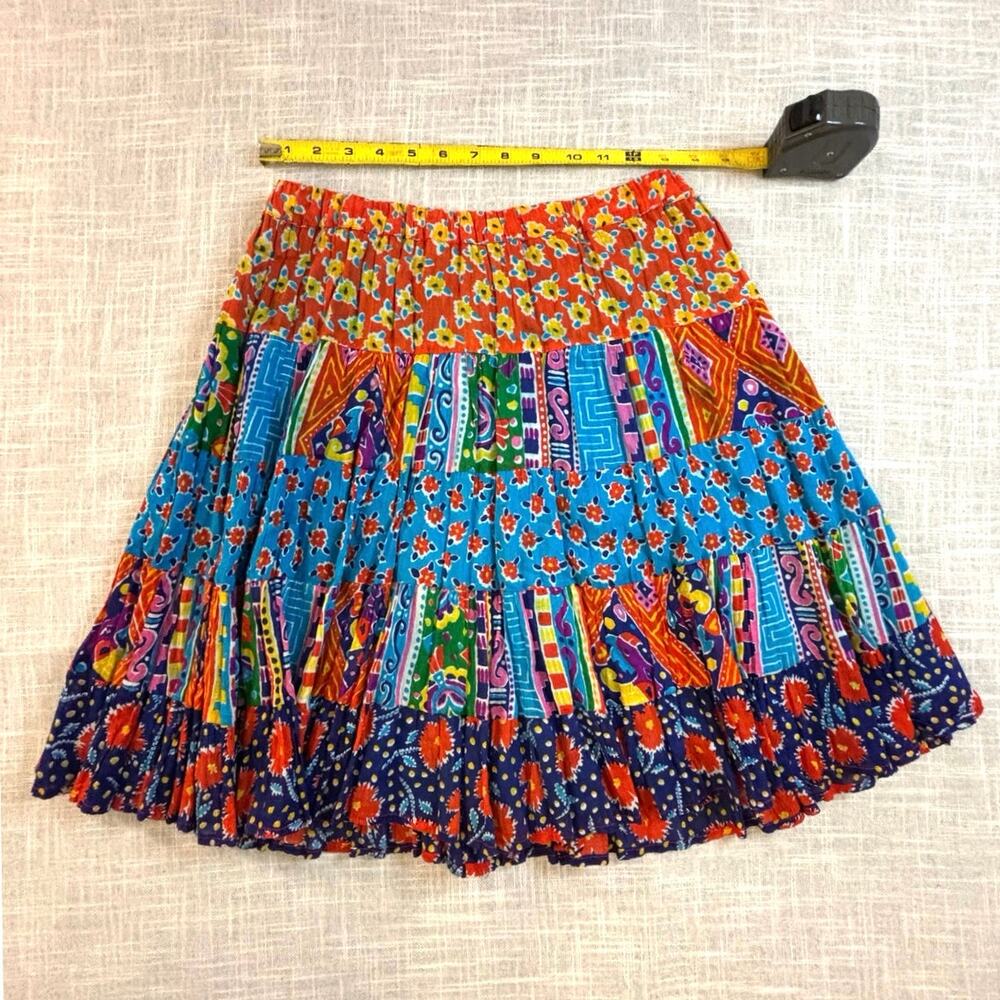 🌈 JUJU GEAR Sz S/M "Scrappy" Mini Skirt: Vibrant Boho Gypsy Patchwork & Ruffles